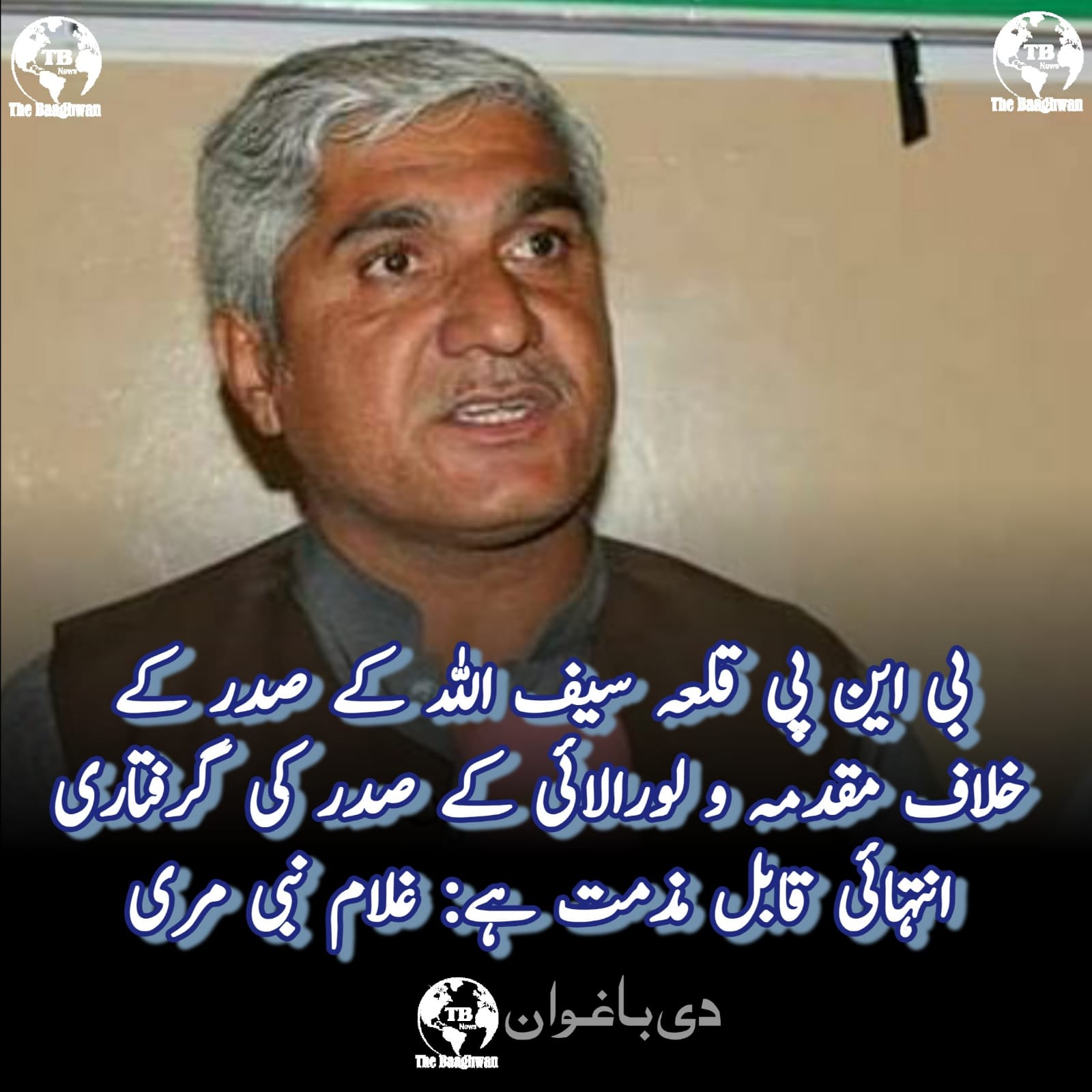 بی این پی قلعہ سیف اللہ کے صدر کے خلاف مقدمہ اور لورالائی کے صدر کی گرفتاری قابل مذمت ہے،غلام نبی مری